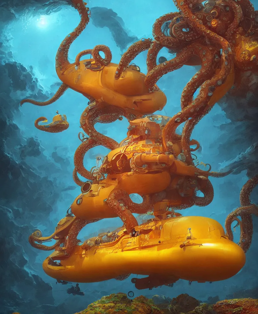 Prompt: giant octopus grabbing a submarine a yellow submarine underwater, illustrated by simon stalenhag and gaston bussiere, beautiful volumetric lighting style atmosphere, intricate, ultra detailed, photorealistic imagery, trending on artstation, octane render, 8 k