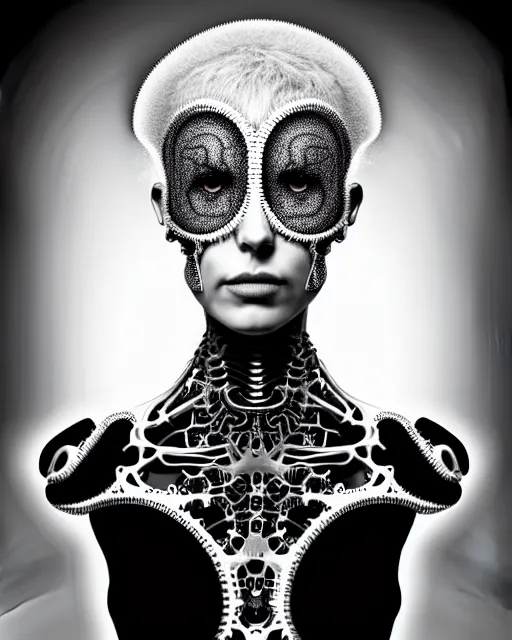 Image similar to black and white photo portrait of complex biomechanical young female cyborg with a mandelbrot fractal face, silver hair, 150 mm lens, soft rim light, fine foliage super big lace collar, Alexander McQueen, high fashion, haute couture, rococo, steampunk, silver filigree details, anatomical, facial muscles, cable wires, microchip, elegant, hyper realistic, octane render, unreal engine, H.R. Giger style, volumetric lighting, 8k,