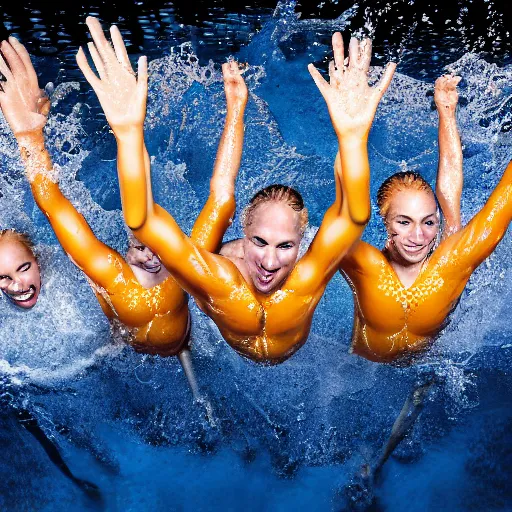 Image similar to uhd photo of olympic swimmers swimming in cheese sauce instead of water, uhd hyperdetailed photography, photo by annie leibowitz