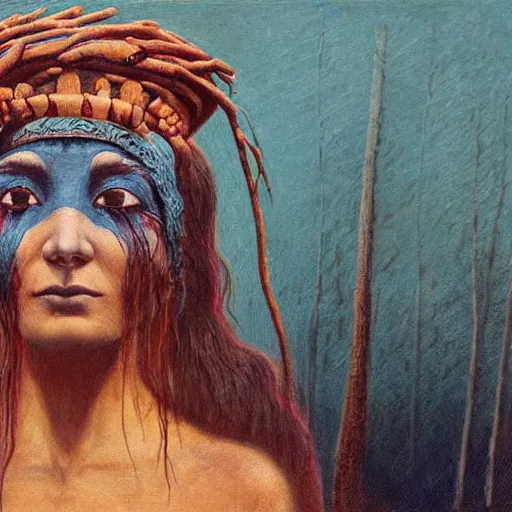 Image similar to A young blindfolded shaman woman with a decorated headband from which blood flows, in the style of heilung, blue hair and wood on her head. The background is a forest on fire, made by Esao Andrews and Karol Bak and Zdzislaw Beksinski,