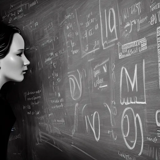 Image similar to 3 5 mm beautiful b & w front shot of jennifer lawrence, behind her on a chalkboard detailed drawings of data etl strategy, highly detailed, trending on artstation, 1 9 2 0 x 1 0 8 0