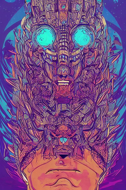 Image similar to totem animal tribal chaman vodoo mask feather gemstone plant video game illustration vivid color borderlands and by feng zhu and loish and laurie greasley, victo ngai, andreas rocha, john harris radiating a glowing aura