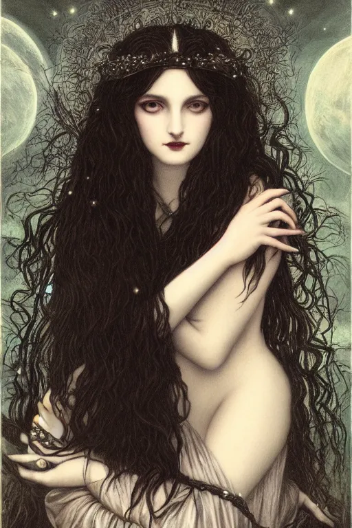 Prompt: beautiful portrait of the goth queen of night with the moonlight shining in her hair | black velvet and silver stars| cinematic lighting | Evelyn De Morgan and John Waterhouse | pre-Raphaelites | rich colors