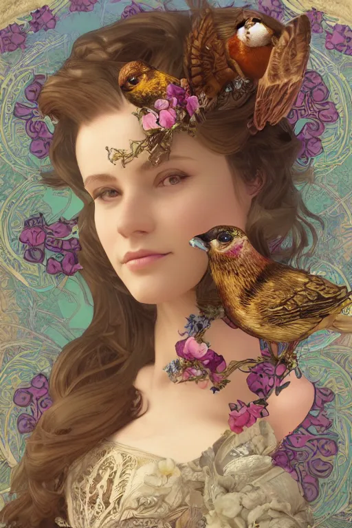 Prompt: face closeup, 3 d render of english princess holding birds, ornaments, background flowers, mucha vibe, dieselpunk, solarpunk, artstation