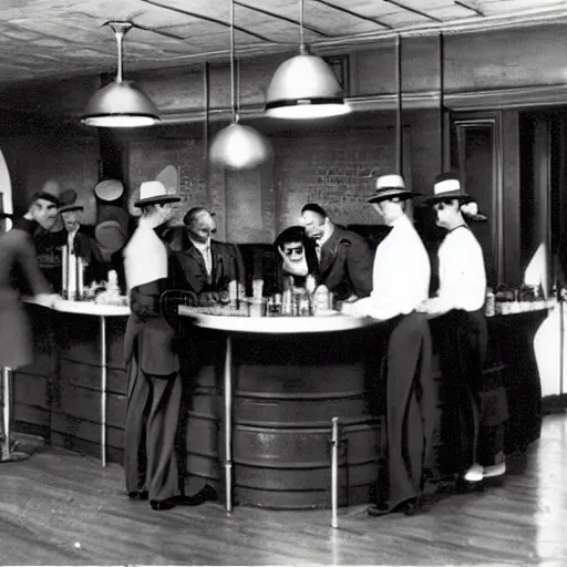 Image similar to business people standing at the bar in 1 9 4 0, top hats, business suits, beer, art deco style, simple shapes