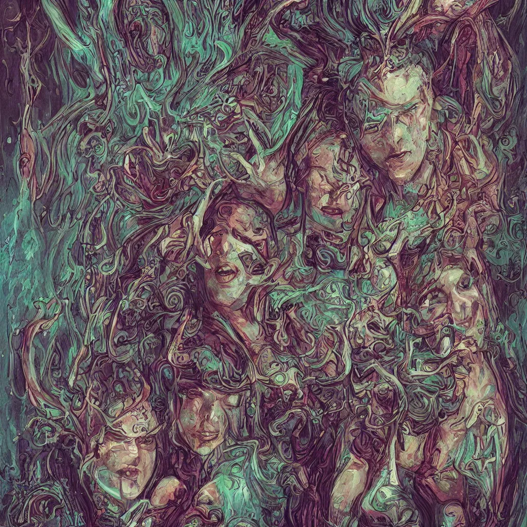 Prompt: high fine hyperdetailed portrait of an elf a glyph and a dunde in a fantastic and surreal psychedelic world, they have a bit of a horror aspect and convey some anger because some invaders came to their land