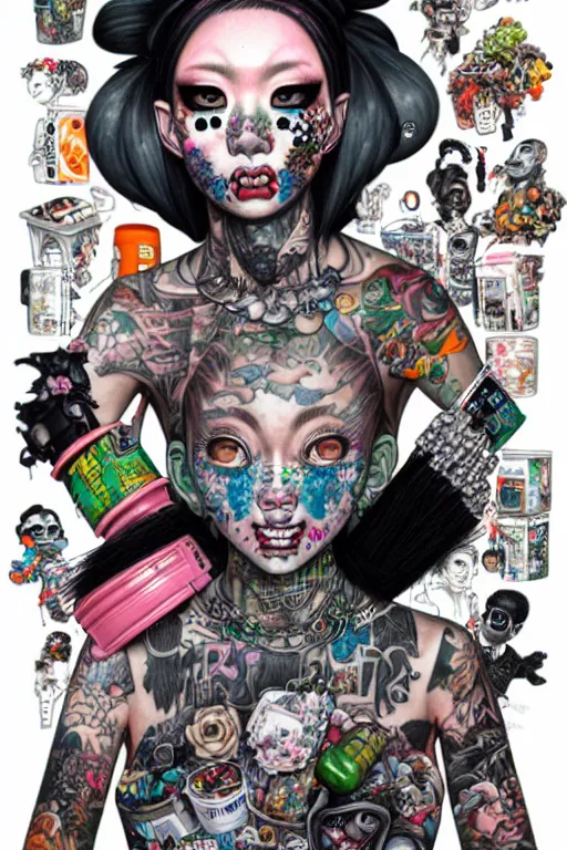 Image similar to full view, from a distance, of anthropomorphic trashcan punk with tattoos, full of trash, style of yoshii chie and hikari shimoda and martine johanna, highly detailed