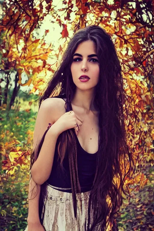 Prompt: beautiful middle eastern woman with long braided wavy black hair, wearing a skirt and tank top, autumn street, in the style of Anna Dittman, fashion photography