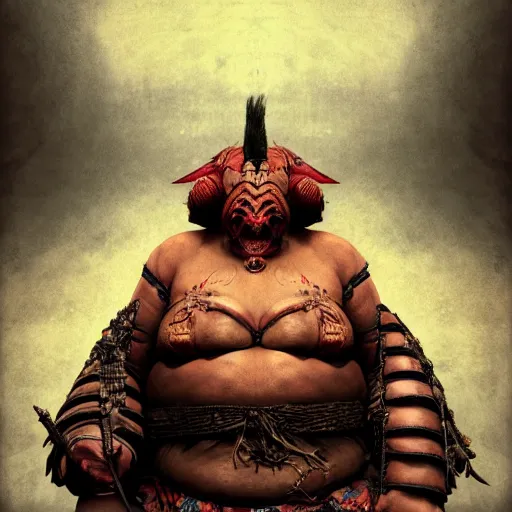 Prompt: character portrait of rubenesque woman shugoki wearing samurai yoroi, mortal shell, scorn game, by h r geiger and beksinski, grim dark, rembrandt, ukiyo - e, cg society, tone mapping, global illumination