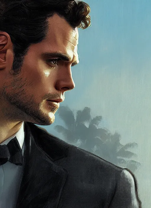 Prompt: portrait of henry cavill as james bond, key art, palm trees, vintage aston martin, highly detailed, digital painting, artstation, concept art, cinematic lighting, sharp focus, illustration, by gaston bussiere alphonse mucha