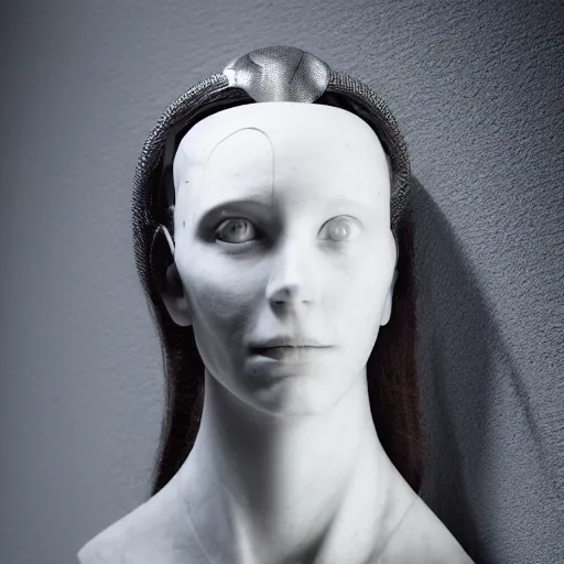 Image similar to a head and shoulders portrait of a female cyborg in her 20s, sculpture made of marble and aluminum, studio photography, cyberpunk lighting