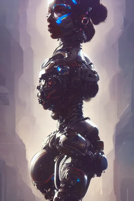 Image similar to ultra realistic illustration, cyborg black woman, hacknaut cyberpunk, sci - fi, fantasy, intricate, elegant, highly detailed, digital painting, artstation, concept art, smooth, sharp focus, illustration, art by artgerm and greg rutkowski and alphonse mucha