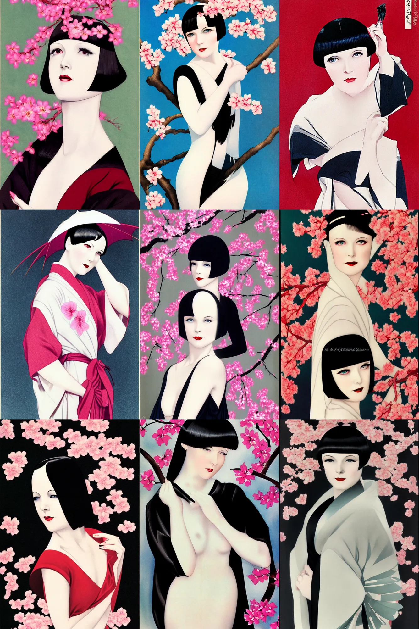 Prompt: 2 8 year old mary louise brooks, wearing kimono, by artgerm, cherry blossom falling, nagel