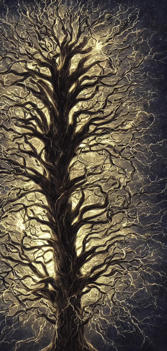 Image similar to detailed painting of the tree of life emitting lightning, tree full of life, realism, idealised, epic tree, deviant art, trending on artstation, cgsociety