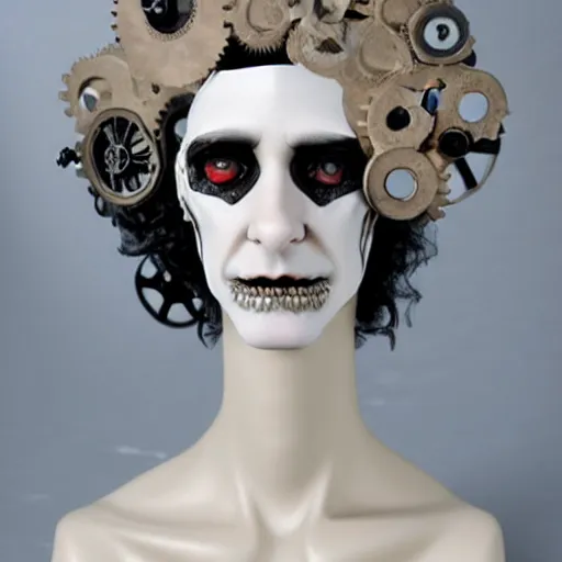 Image similar to Clockwork Cyborg Vampire French Aristocrat, powdered wig, gears, prosthetics, full-body