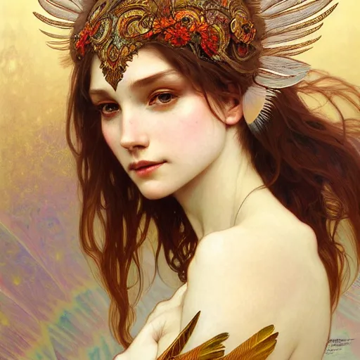 Prompt: Portrait of a winged girl angel wearing an intricate feather headdress, fantasy, intricate, elegant, highly detailed, digital painting, artstation, concept art, smooth, sharp focus, illustration, art by Krenz Cushart and Artem Demura and alphonse mucha