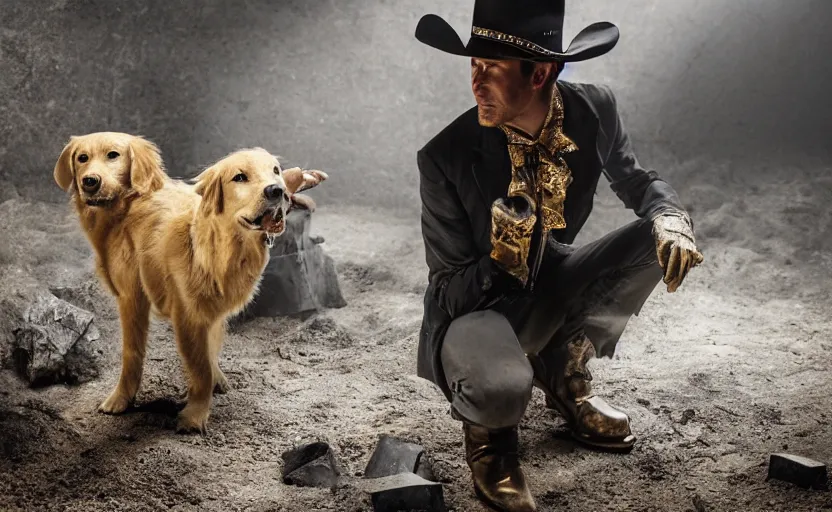 Prompt: a dirty golden retriever in a dark gray stone mine with large piles of gold nuggets and wearing a black western hat and jacket, dim moody lighting, wooden supports and wall torches, cinematic style photograph