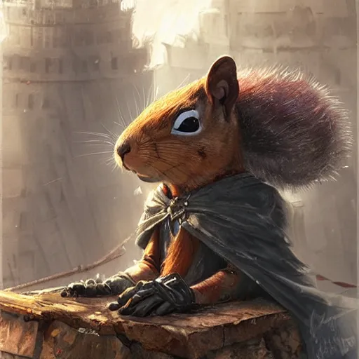 Prompt: Anthropomorphic Squirrel in cloak sitting atop a roof in a decimated city rossdraws,greg rutkowski,and Sarah Andersen,ambient style, very detailed,detailed armor,detailed helmet,movie poster type,cinematic lighting