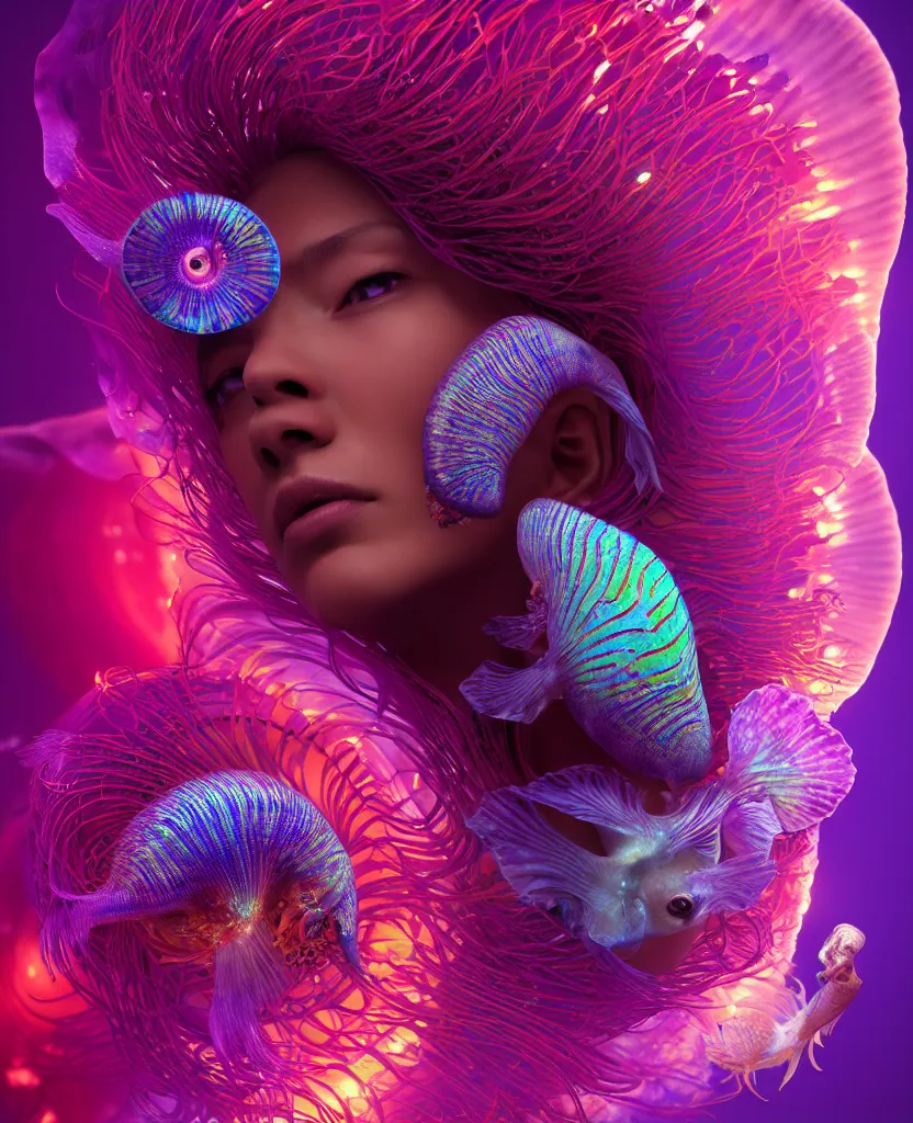 Image similar to goddess close-up portrait. dichroic orchid jellyfish phoenix head, nautilus, skull, betta fish, bioluminiscent creatures, intricate artwork by Tooth Wu and wlop and beeple. octane render, trending on artstation, greg rutkowski very coherent symmetrical artwork. cinematic, hyper realism, high detail, octane render, 8k