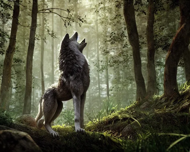 Image similar to a wolf standing on a riverbank in a forest, natural lighting, very coherent, ultra realistic, concept art, intricate details, highly detailed, photorealistic, octane render, 8 k, unreal engine