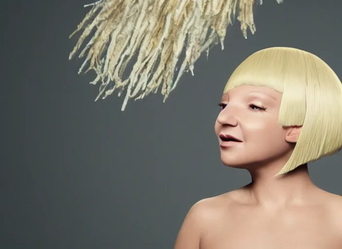 Prompt: realistic illustration of Sia using her famous wig as a mop