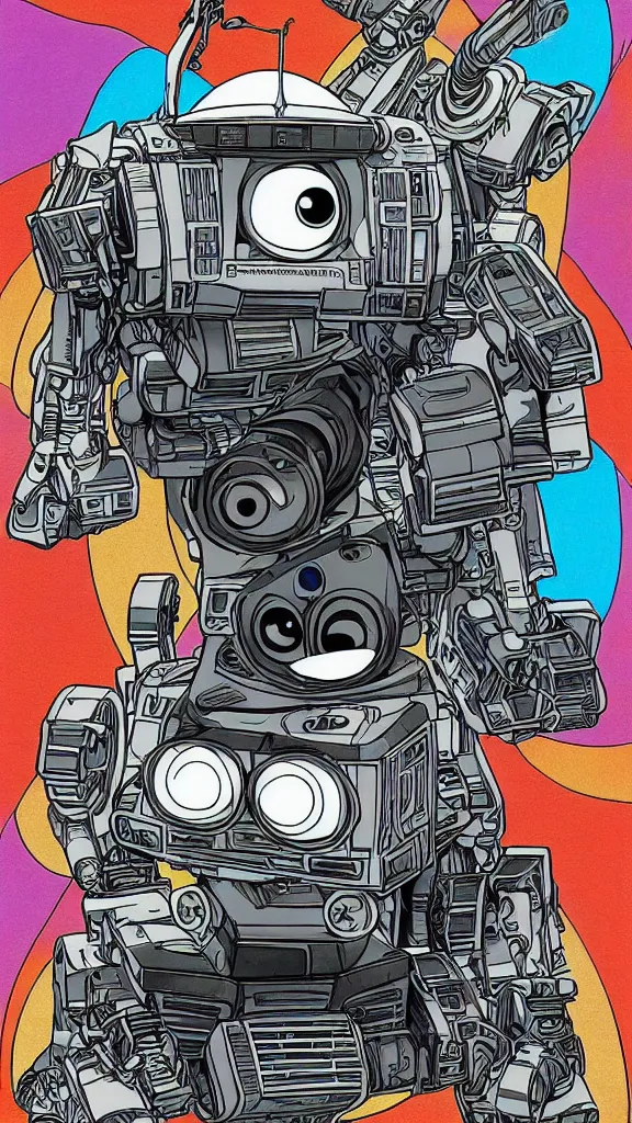 Prompt: Wall-E designed by Akira Toriyama, studio ghibli, biomechanical, akira toriyama manga illustration style, full color manga cover, symmetrical