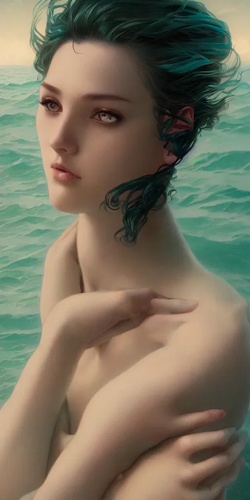 Image similar to haunting beautiful young woman, detailed photo realistic gorgeous face turning waves, dark, ominous, sad eyes, glowing hue of teal, vaporwave aesthetic, synthwave , digital painting, artstation, concept art, smooth, sharp focus, illustration, art by artgerm and greg rutkowski and alphonse mucha