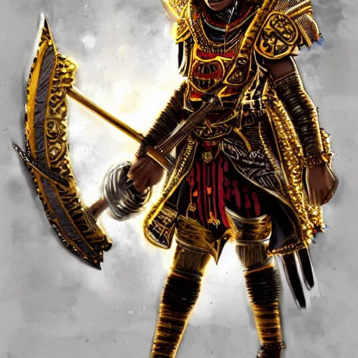 Image similar to a young black boy dressed like an african moorish warrior in gold armor and a crown with a ruby, posing with a very ornate glowing electric spear!!!! at night, for honor character digital illustration portrait design, by android jones in a psychedelic fantasy style, dramatic lighting, hero pose, wide angle dynamic portrait