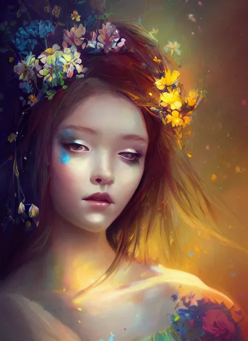 Image similar to a gorgeous flower princess portrait by WLOP, emerald yellow eyes, blue hair, digital painting, beautiful lighting, magical , cgsociety