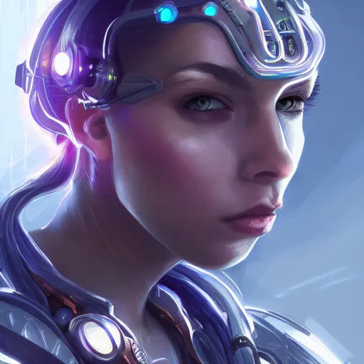 Image similar to closeup portrait of a young cyborg woman, cyberpunk, nighttime, fantasy, intricate, elegant, highly detailed, digital painting, artstation, concept art, matte, sharp focus, illustration, hearthstone, art by Artgerm and Gred Rutkowski and Alphonse Mucha