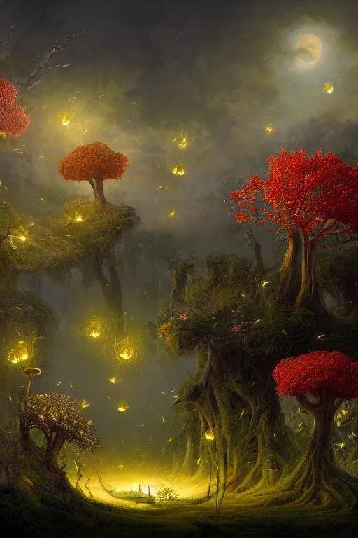 Image similar to a beautiful digital landscape painting of a detailed gothic fantasy fireflies and roots, dark mushroom, flowers by benoit b. mandelbrot, steven belledin, martin johnson heade, lee madgwick, caspar david friedrich, and david rios ferreira. 8 k resolution trending on artstation concept art digital illustration