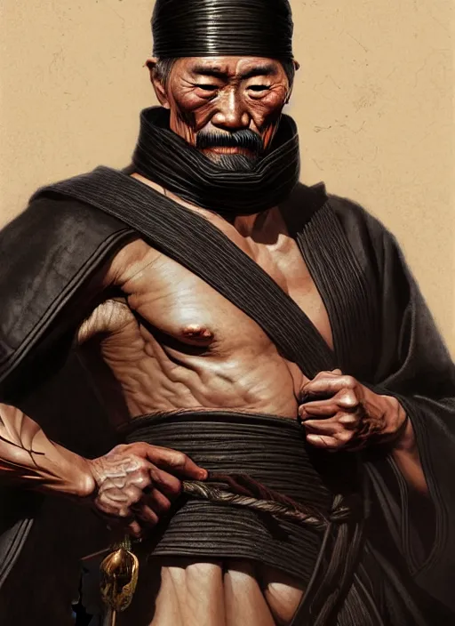 Prompt: portrait of an old Japanese warrior man, muscular, black leather robes! intricate, elegant, highly detailed, digital painting, artstation, concept art, smooth, sharp focus, illustration, art by artgerm and greg rutkowski and alphonse mucha