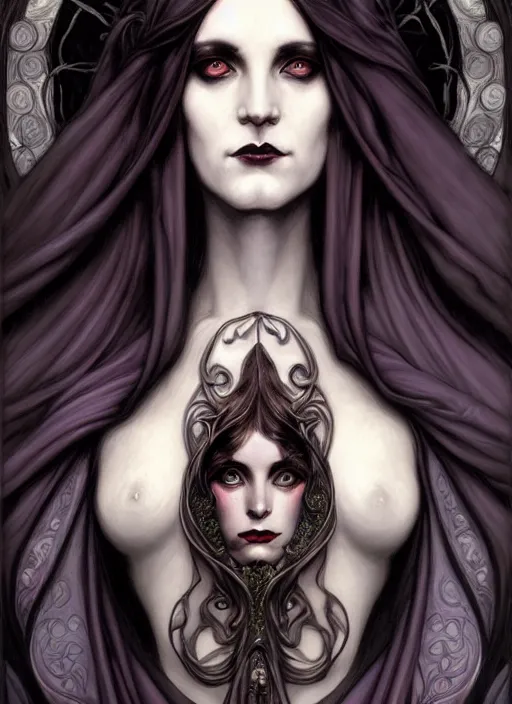 Prompt: an art nouveau, dark witch portrait in the style of charlie bowater, and in the style of donato giancola, and in the style of charles dulac. very large, clear, expressive, intelligent eyes. symmetrical, centered, ultrasharp focus, dramatic lighting, photorealistic digital painting, intricate ultra detailed background.