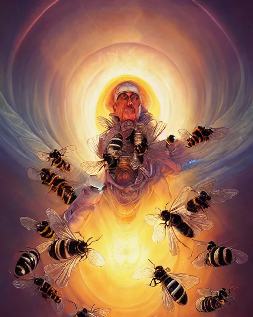 Prompt: the pope surrounded by bees and honeycomb, swirling honey flowers, radiant halo of light, peter mohrbacher, tony sart