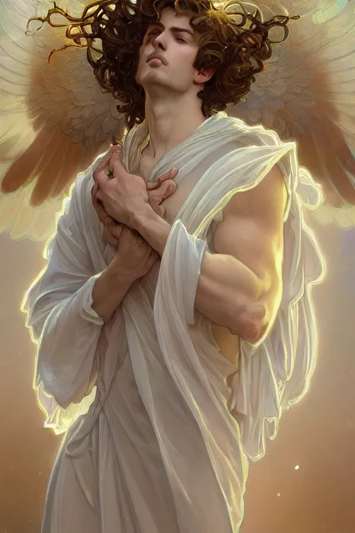 Image similar to portrait of a beautiful young fit male angel with curly blond hairs, dressed with fluent clothes, majestic wings, luminous halo, by greg rutkowski and alphonse mucha, d & d character, gradient white to gold, in front of an iridescent background, highly detailed portrait, digital painting, artstation, concept art, smooth, sharp focus ilustration, artstation hq
