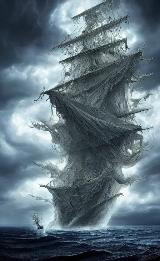 Prompt: the voyage of life, storm on the sea of galilee, huge clouds in the form of a dendritic cthulhu, an epic pirate ship, dappled silver lighting, atmospheric, highly detailed, by igor morski, jacek yerka, alexander jansson, james christensen, tomek setowski