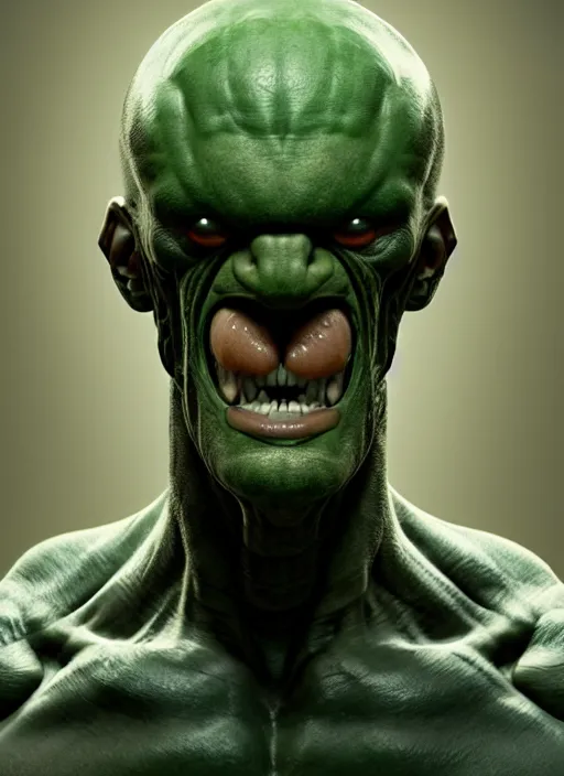 Image similar to muscular creature with muted green skin, bald, no nose, large eyes, mouth is closed, surprised expression, hyper detailed, digital art, trending in artstation, cinematic lighting, studio quality, smooth render, unreal engine 5 rendered, octane rendered, art style by klimt and nixeu and ian sprigger and wlop and krenz cushart.