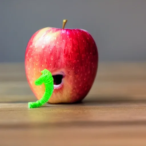 Prompt: apple with a smiling worm sticking out