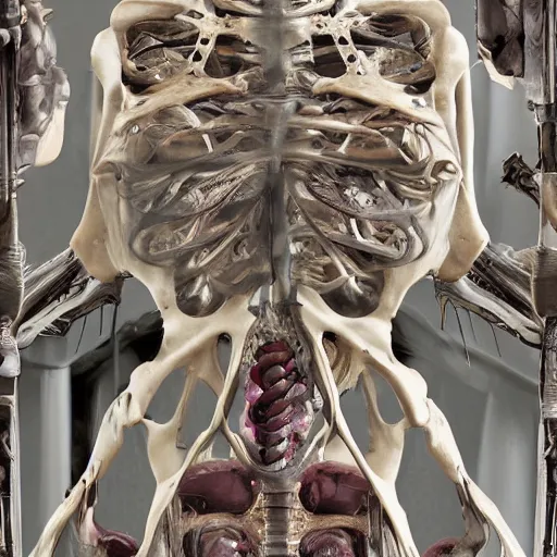 Image similar to realistic shot bloody bones, organs and flesh, biomechanical technology, natural light, by h r giger