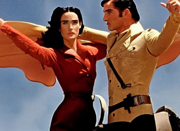 Prompt: a movie still from the modern film the rocketeer featuring jennifer connelly in her role as jenny blake
