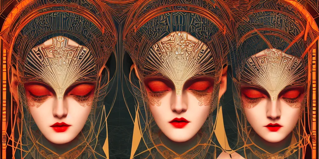 Image similar to breathtaking detailed concept art painting art deco pattern of goth twin faces goddesses amalgamation symmetric, by hsiao - ron cheng, bizarre compositions, exquisite detail, extremely moody lighting, 8 k