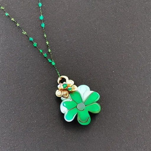 Prompt: simple embroidered clover necklace with jade stone, gothic