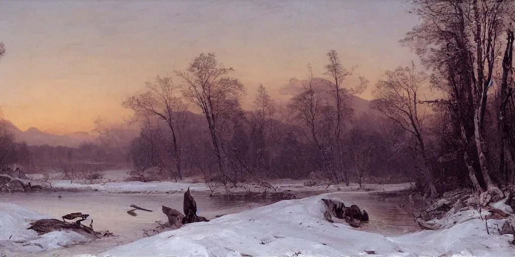 Prompt: winter landscape, faint sunrise, lush field, giant monster spider, forest, frozen river, matte painting, by Isaac Levitan and Asher Brown Durand