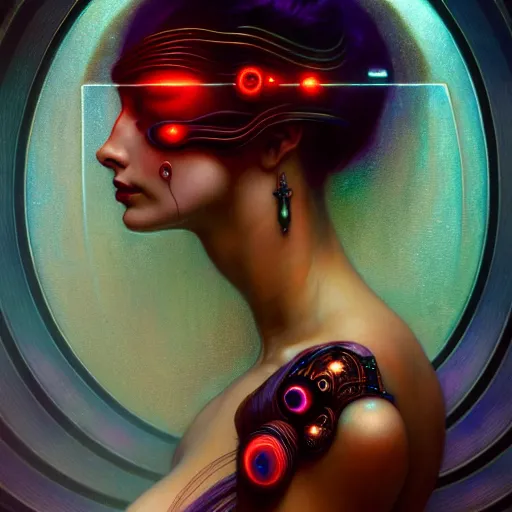 Image similar to extremely psychedelic beautiful cyborg queen of lsd infected by night. intricate, elegant, highly detailed, extremely lifelike photorealistic digital painting, artstation. steichen, gaston bussiere, tom bagshaw, cyberpunk alphonse mucha. elegant minimalism. anatomically correct. sultry. sharp focus. black, red accents. surreal lush hallucination