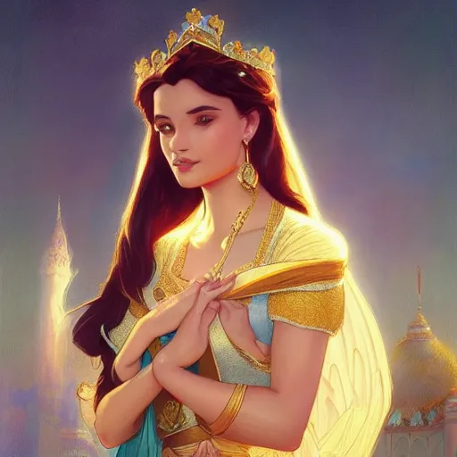 Image similar to beautiful young princess jasmine, closeup, palace background, d & d, fantasy, elegant, highly detailed, digital painting, artstation, concept art, matte, sharp focus, illustration, art by artgerm and greg rutkowski and alphonse mucha