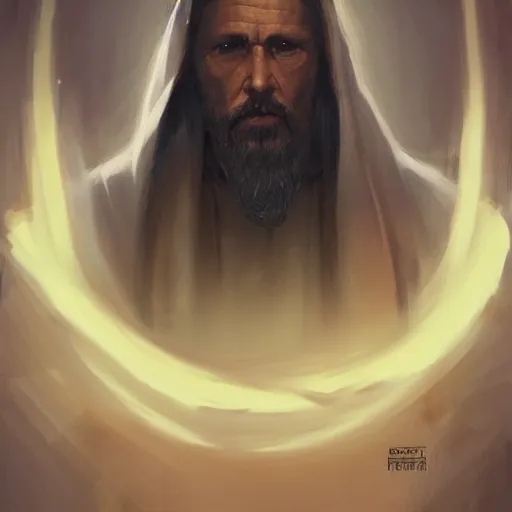Image similar to portrait of a man by Greg Rutkowski, an old Jedi, arabian features, and olive skin, long black hair and beard, wise appearance, orange robes, Star Wars Expanded Universe, he is about 60 years old, highly detailed portrait, digital painting, artstation, concept art, smooth, sharp foccus ilustration, Artstation HQ