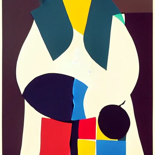 Image similar to portrait of a person playing guitar, abstract painting in the style of Sophie Taeuber-Arp and Gary Hume and Tatsuro Kiuchi, flat colour-block style, geometric abstraction, dark colours