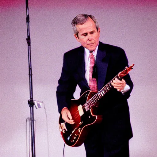 Prompt: george bush as a rockstar performing at his concert, award winning concert photography