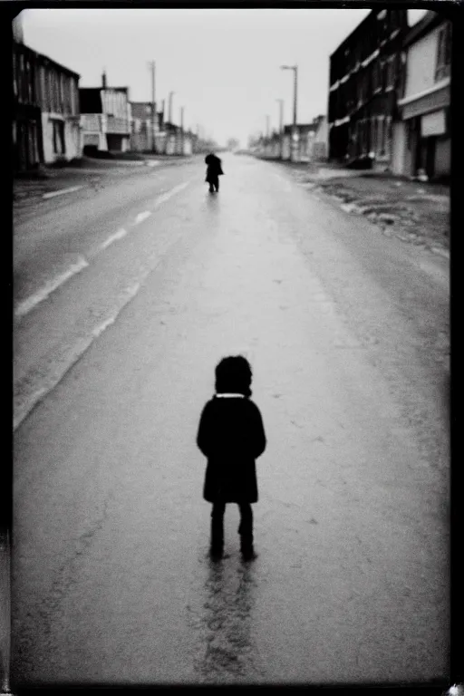 Prompt: photo polaroid of a sad and lonely child on a street in Greenland , melting ice, loneliness, black and white ,photorealistic, 35mm film,