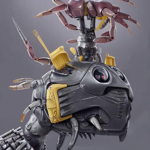 Image similar to a gray unicorn alien is changing batteries to a robotic crab, with african decoration and a spongebob puppet, highly detailed, concept art, art by wlop and artgerm and greg rutkowski, masterpiece, trending on artstation, 8 k